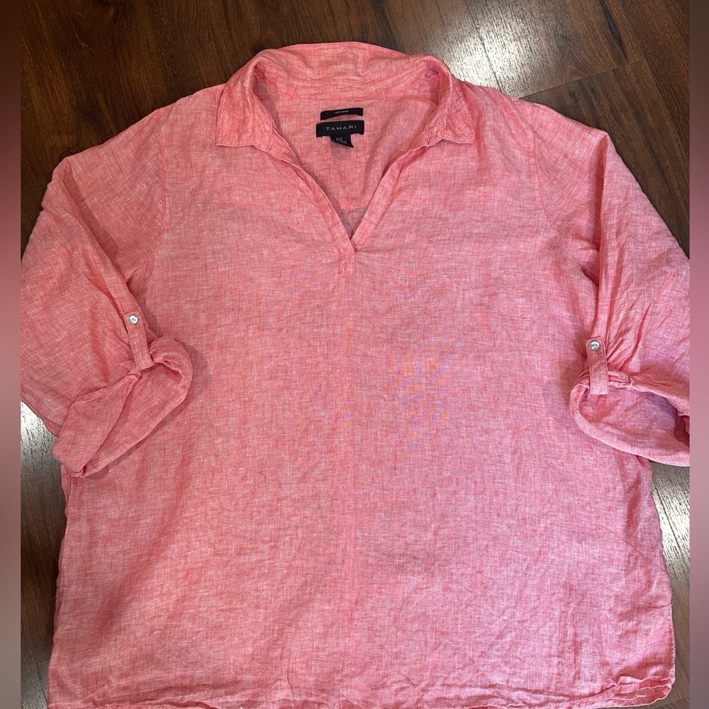 TAHARI Poppy White Heather 100% Linen ROLL-TAB SLEEVE Top Shirt Size 2X